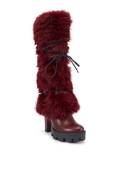 AZALEA WANG CYRENE BURGUNDY FUR BLOCK HEEL BOOT