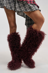 AZALEA WANG DENTON BURGUNDY KNEE HIGH FLAT FUR BOOT