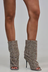AKIRA GOLD JANINE BLACK AND WHITE RHINESTONE PATTERN STILETTO OPEN TOE BOOTIE