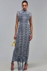 ALL ABOUT IT LACE UP MAXI DRESS IN MEDIUM BLUE DENIM
