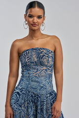 DENIM FOR DAYS ZIP UP CORSET IN DARK BLUE DENIM