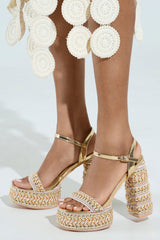 AZALEA WANG JUDSON GOLD RAFFIA AND GEMS PLATFORM SANDAL
