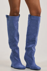 AZALEA WANG LIU BLUE FAUX SUEDE WEDGE BOOTIE