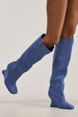 AZALEA WANG LIU BLUE FAUX SUEDE WEDGE BOOTIE