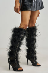 AKIRA GOLD LUMIELLE BLACK FEATHER STILETTO BOOT