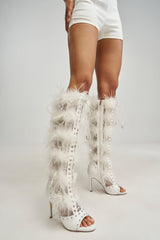 AKIRA GOLD LUMIELLE WHITE FEATHER STILETTO BOOT