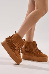 AKIRA BROWN FAUX SUEDE FRINGE BOOTIE
