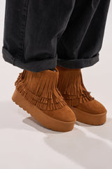 AKIRA BROWN FAUX SUEDE FRINGE BOOTIE