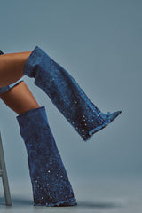 AKIRA WHYNOT DENIM RHINESTONE EMBELLISHED WEDGE BOOT