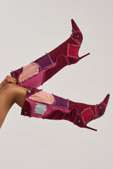 AKIRA GOLD AETHERA PINK MULTI PATCHWORK DENIM STILETTO BOOT