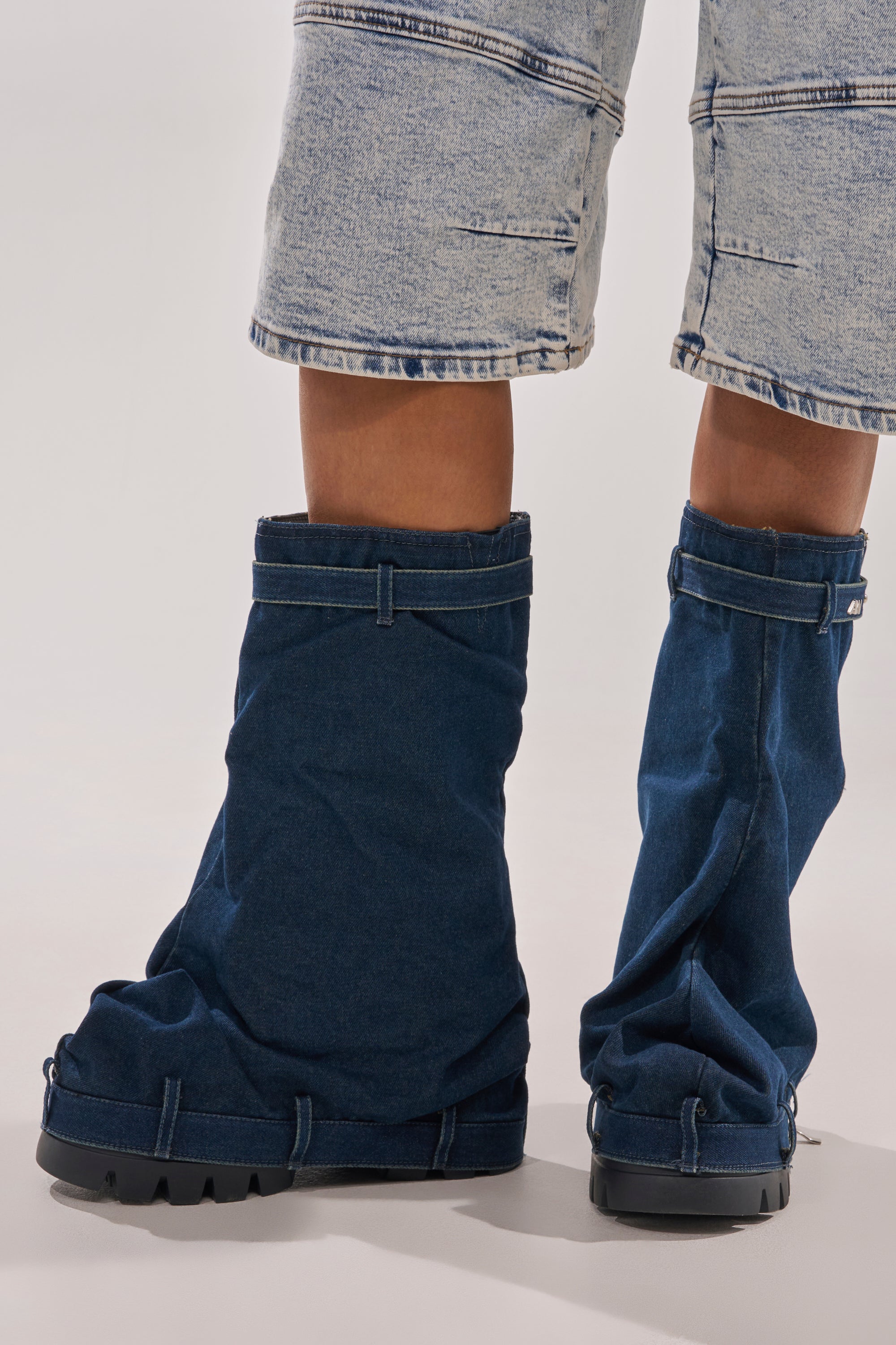 AKIRA GOLD ANGELA FOLD OVER PLATFORM BOOT IN DARK DENIM
