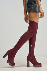 AZALEA WANG ASHLAND BURGUNDY FAUX SUEDE THIGH HIGH BLOCK BOOT