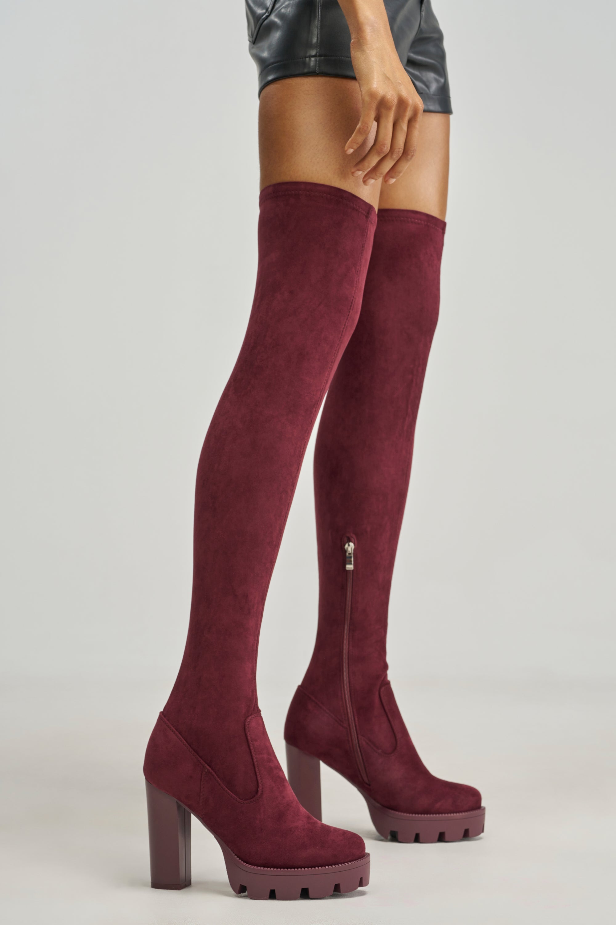 AZALEA WANG ASHLAND BURGUNDY FAUX SUEDE THIGH HIGH BLOCK BOOT
