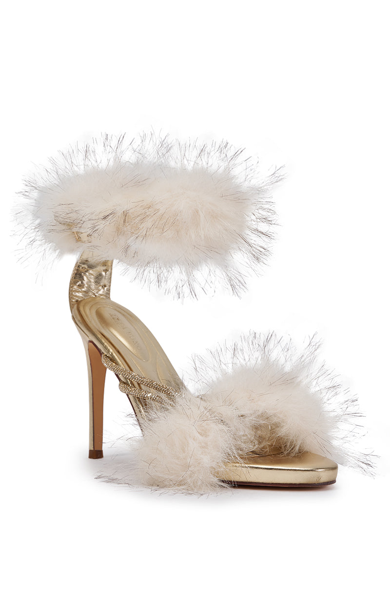 AZALEA WANG AVELINA GOLD AND WHITE FUR STILETTO SANDAL