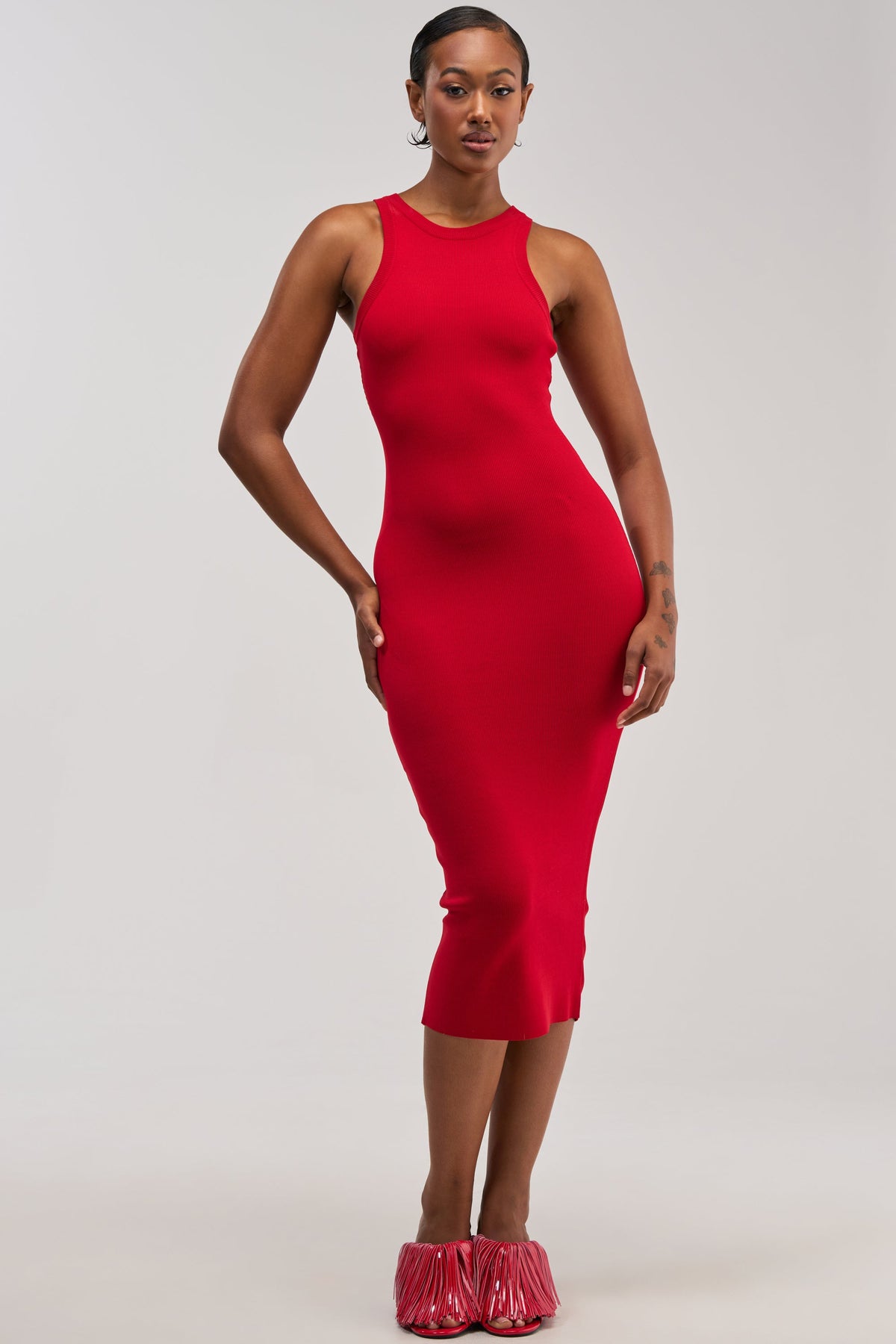 CUTIE PIE KNIT MIDI DRESS IN RED