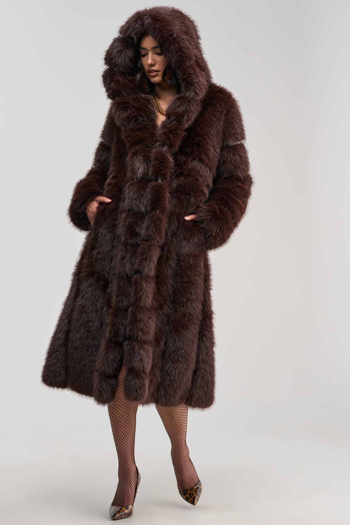 BERLIN HOODED FAUX FUR IN BROWN