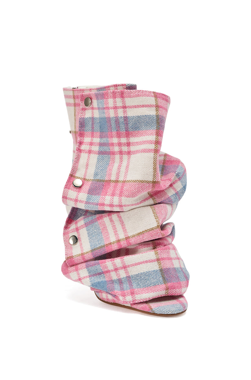 AZALEA WANG BIRD SONG PINK PLAID MULTI OPEN TOE SNAP BOOTIE