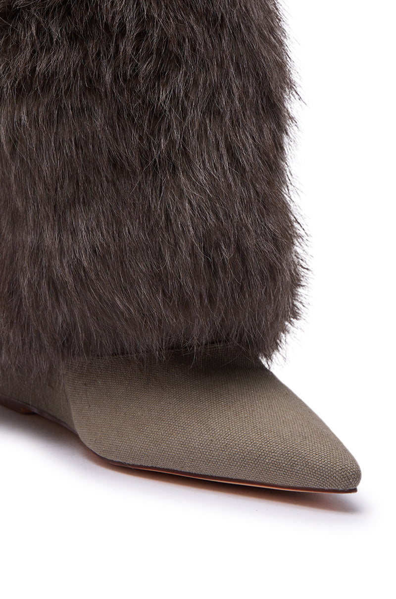 AZALEA WANG BRIASH OLIVE WEDGE FUR BOOTIE
