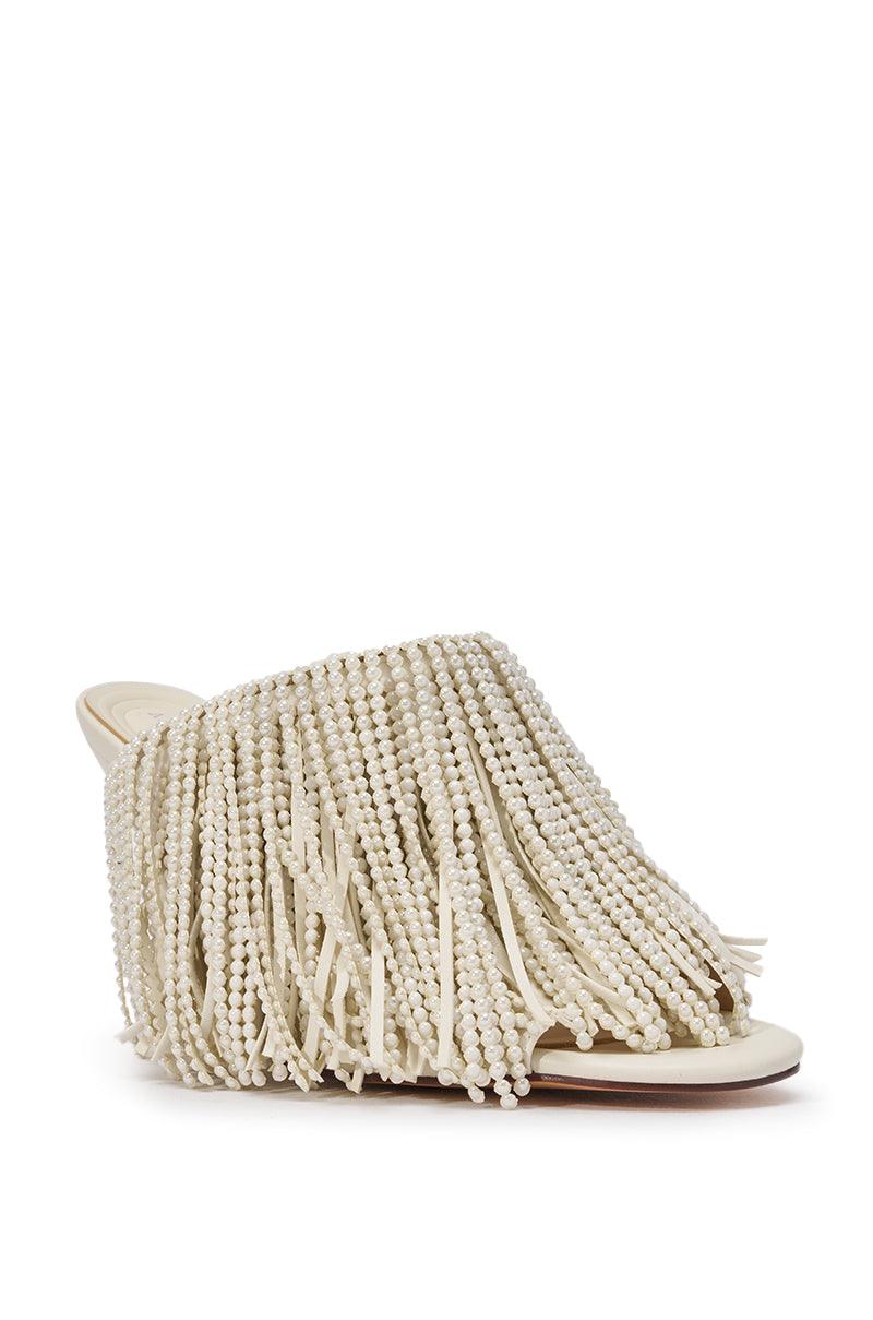 AZALEA WANG BRIELLE BONE PEARL FRINGE WEDGE SANDAL