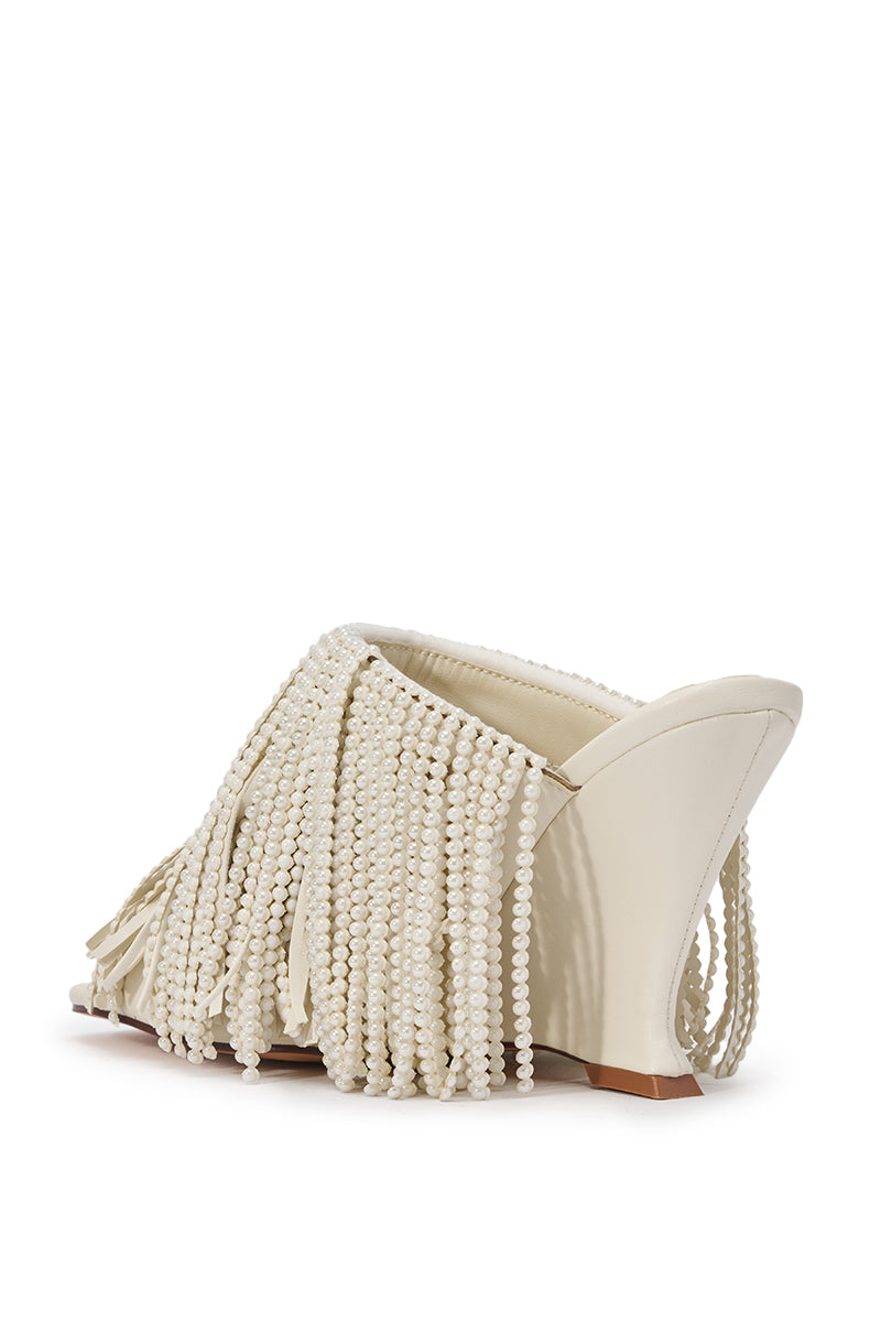AZALEA WANG BRIELLE BONE PEARL FRINGE WEDGE SANDAL