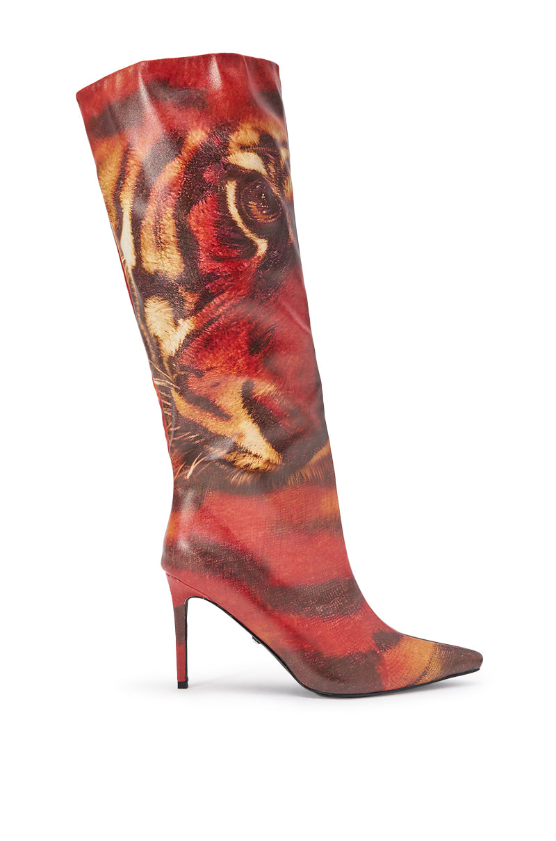 AKIRA GOLD CAELIX TIGER PRINTED STILETTO BOOT