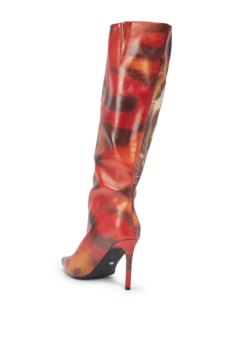 AKIRA GOLD CAELIX TIGER PRINTED STILETTO BOOT