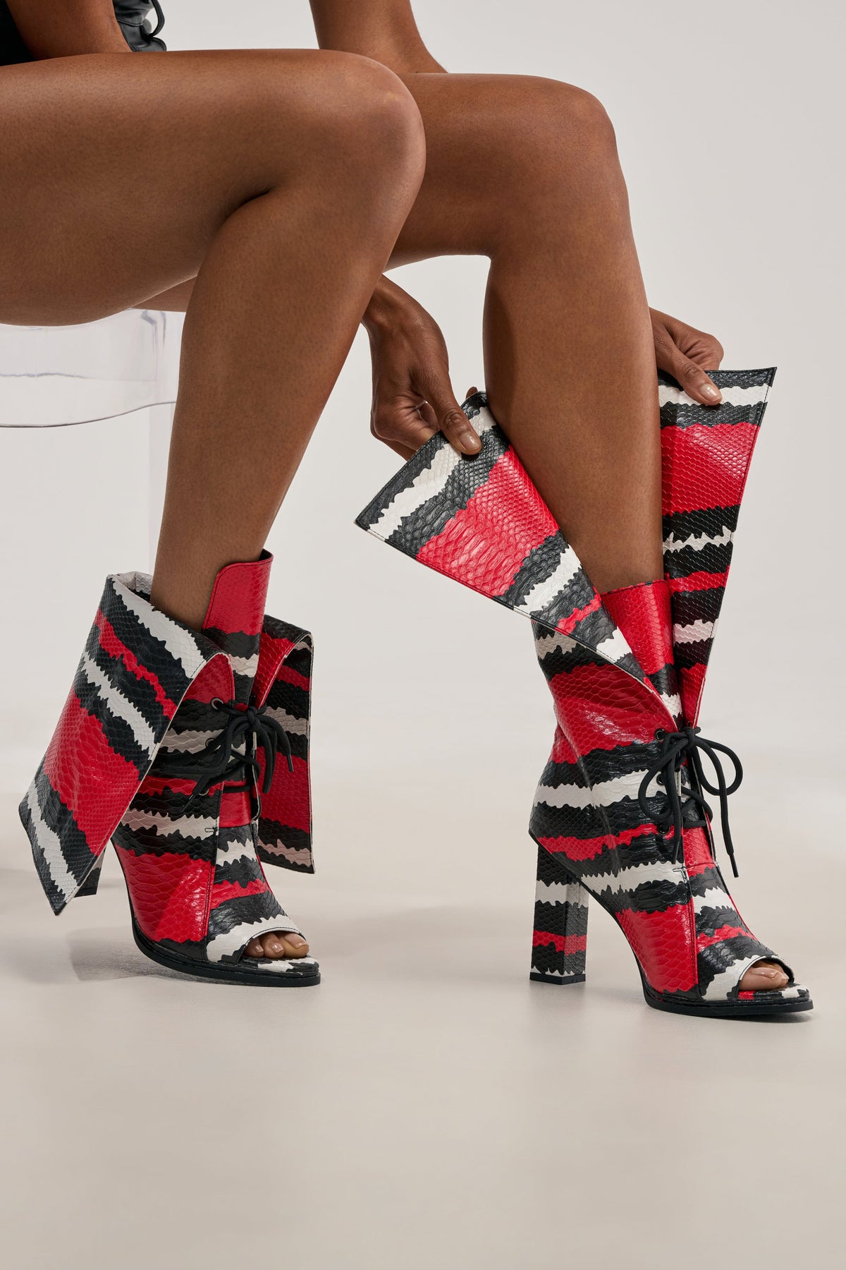 AZALEA WANG CAELUM RED SNAKE OPEN TOE BLOCK BOOTIE