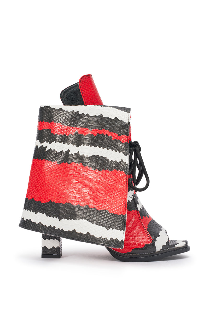 AZALEA WANG CAELUM RED SNAKE OPEN TOE BLOCK BOOTIE