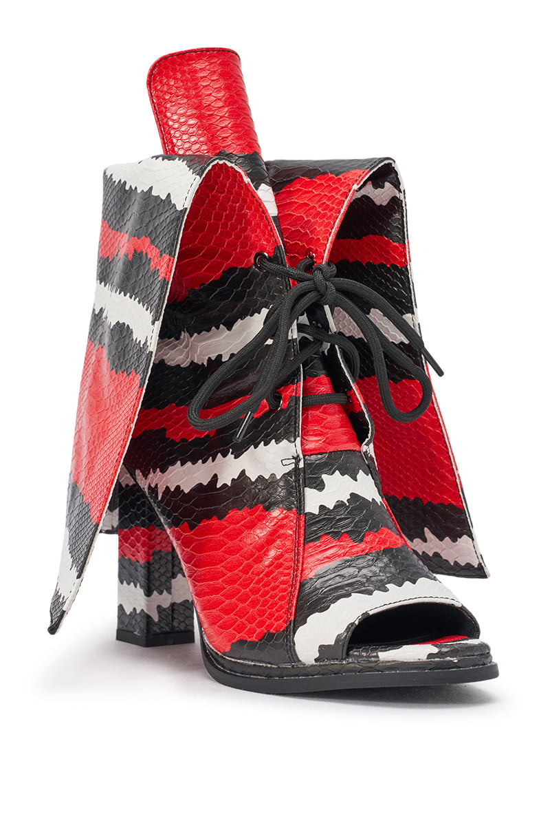 AZALEA WANG CAELUM RED SNAKE OPEN TOE BLOCK BOOTIE