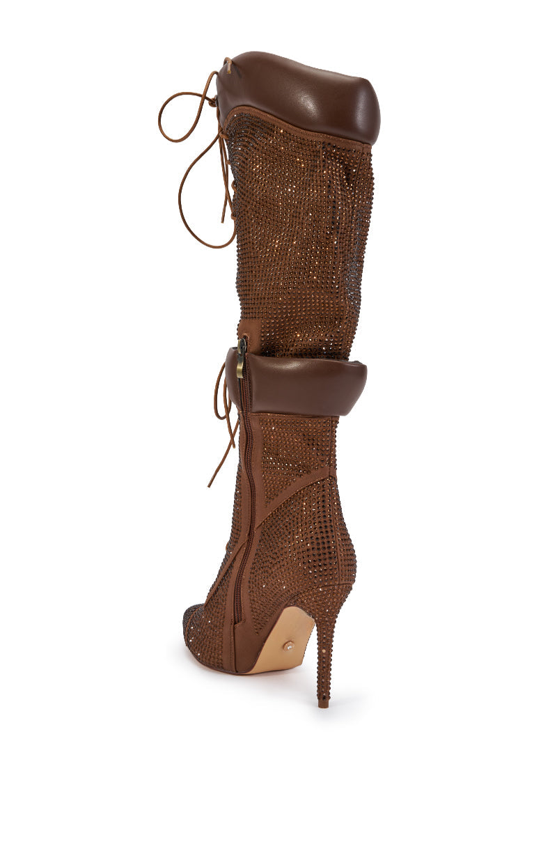 AKIRA GOLD CALANTHIS BROWN RHINESTONE STILETTO LACE UP BOOT