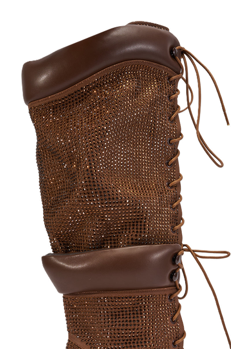 AKIRA GOLD CALANTHIS BROWN RHINESTONE STILETTO LACE UP BOOT