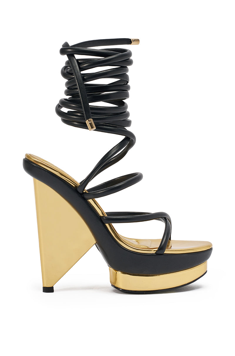 AKIRA GOLD CELINEA BLACK NOVELTY GOLD HEEL SANDAL