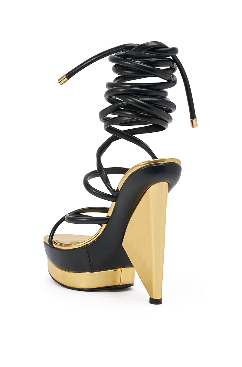 AKIRA GOLD CELINEA BLACK NOVELTY GOLD HEEL SANDAL