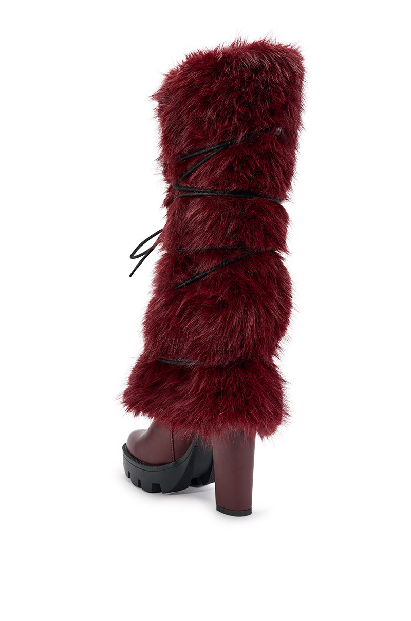 AZALEA WANG CYRENE BURGUNDY FUR BLOCK HEEL BOOT