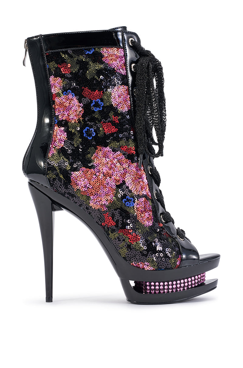 AKIRA GOLD DACINDRA BLACK MULTI SEQUIN STILETTO PLATFORM BOOTIE