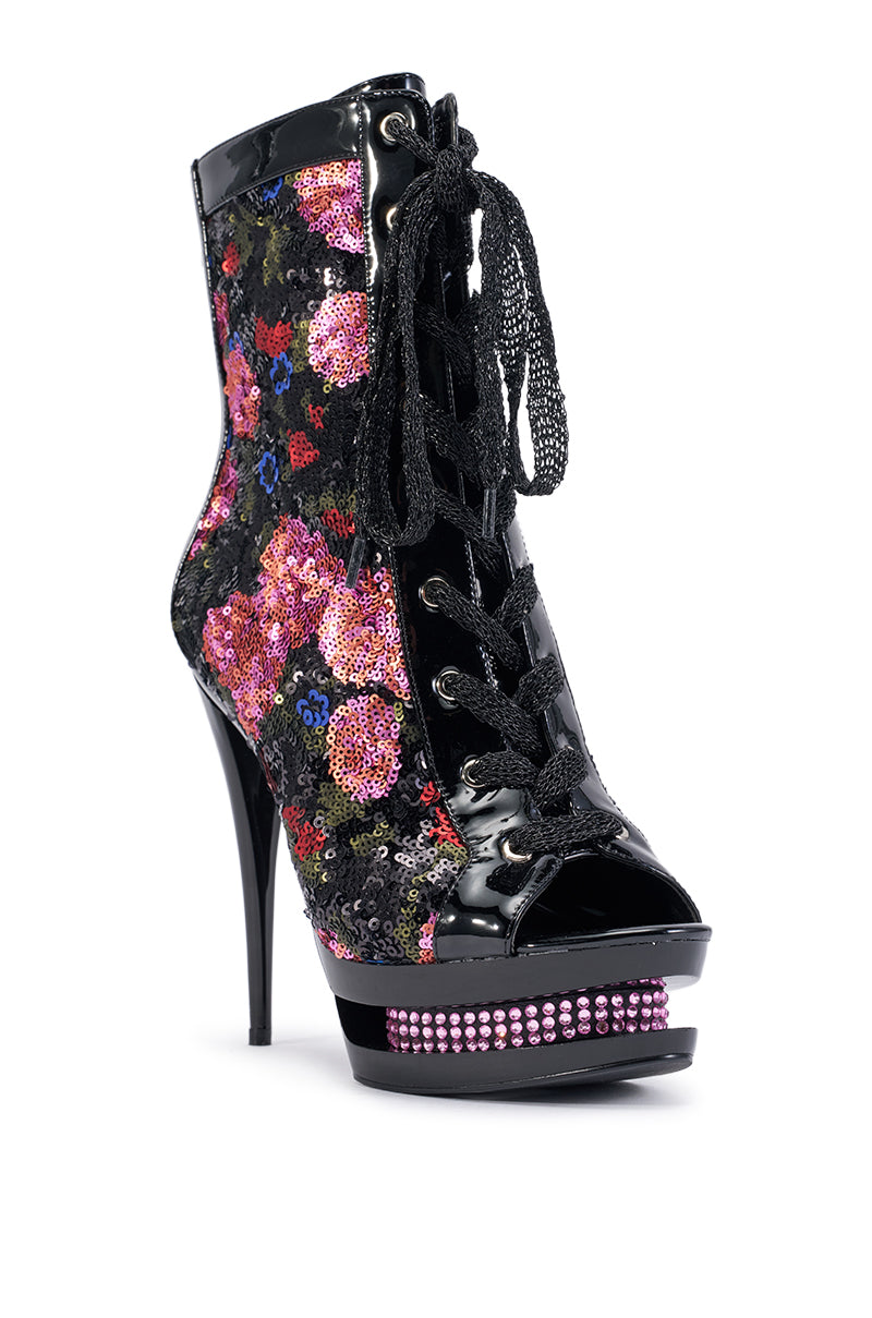 AKIRA GOLD DACINDRA BLACK MULTI SEQUIN STILETTO PLATFORM BOOTIE