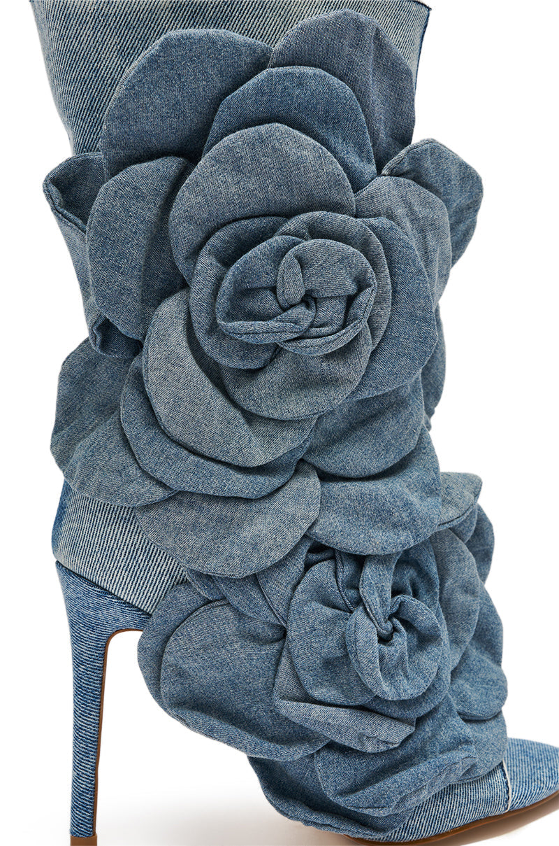 AZALEA WANG DELMARE DENIM FLORAL OPEN TOE BOOTIE