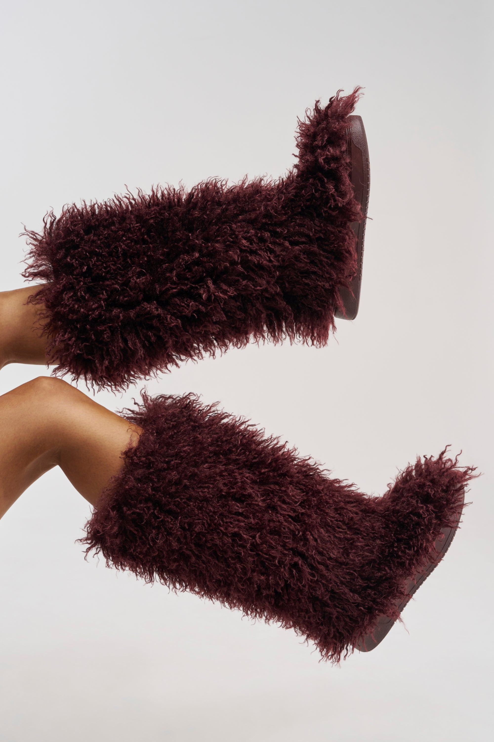 AZALEA WANG DENTON BURGUNDY KNEE HIGH FLAT FUR BOOT