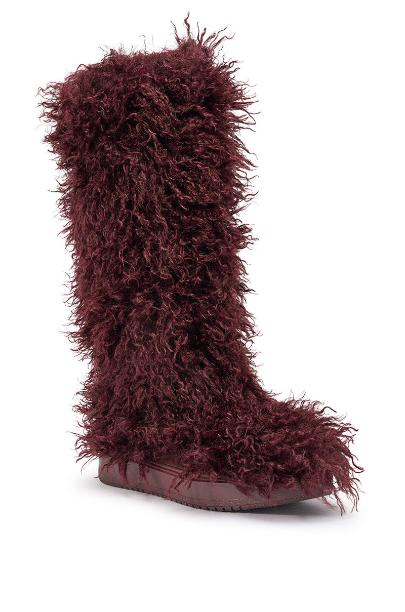 AZALEA WANG DENTON BURGUNDY KNEE HIGH FLAT FUR BOOT