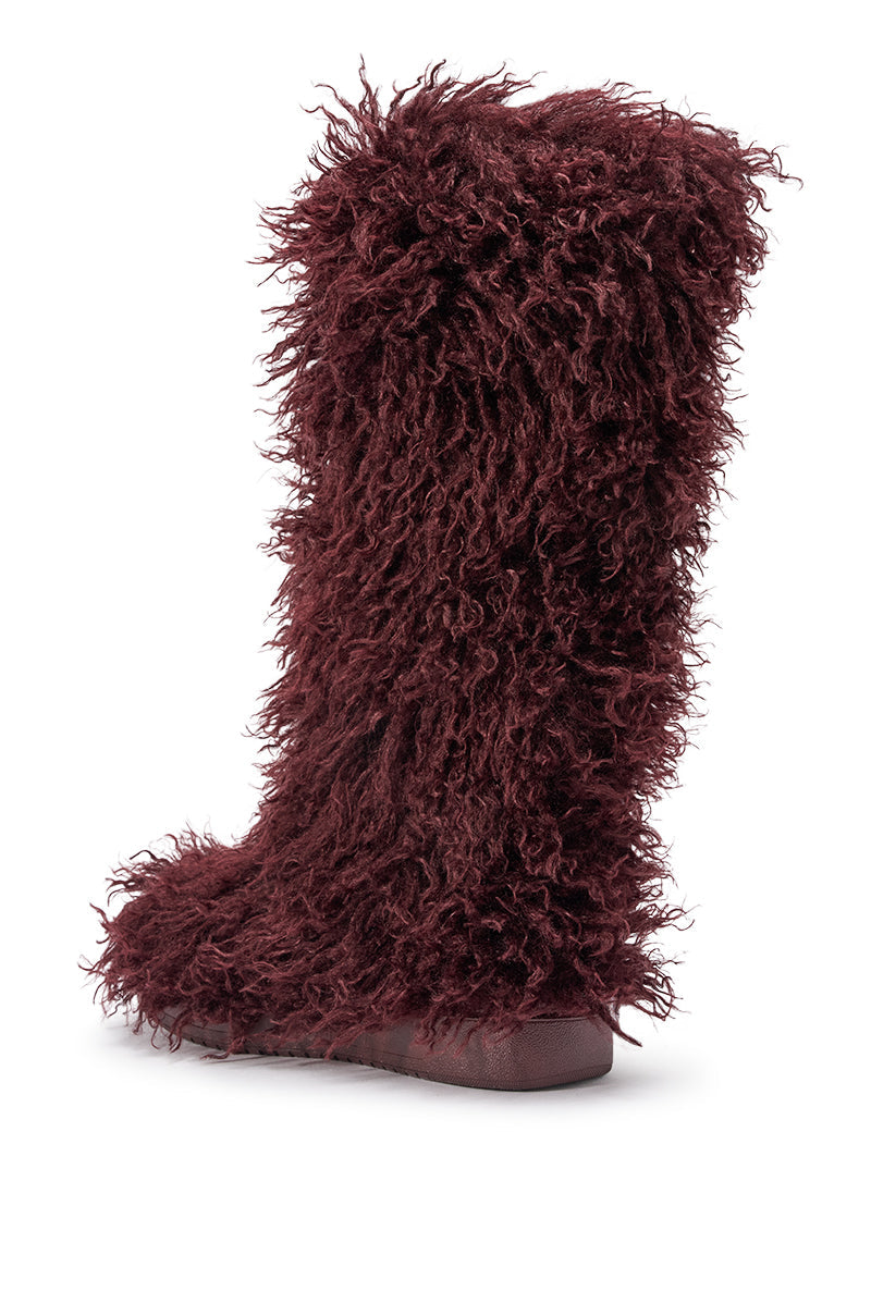 AZALEA WANG DENTON BURGUNDY KNEE HIGH FLAT FUR BOOT