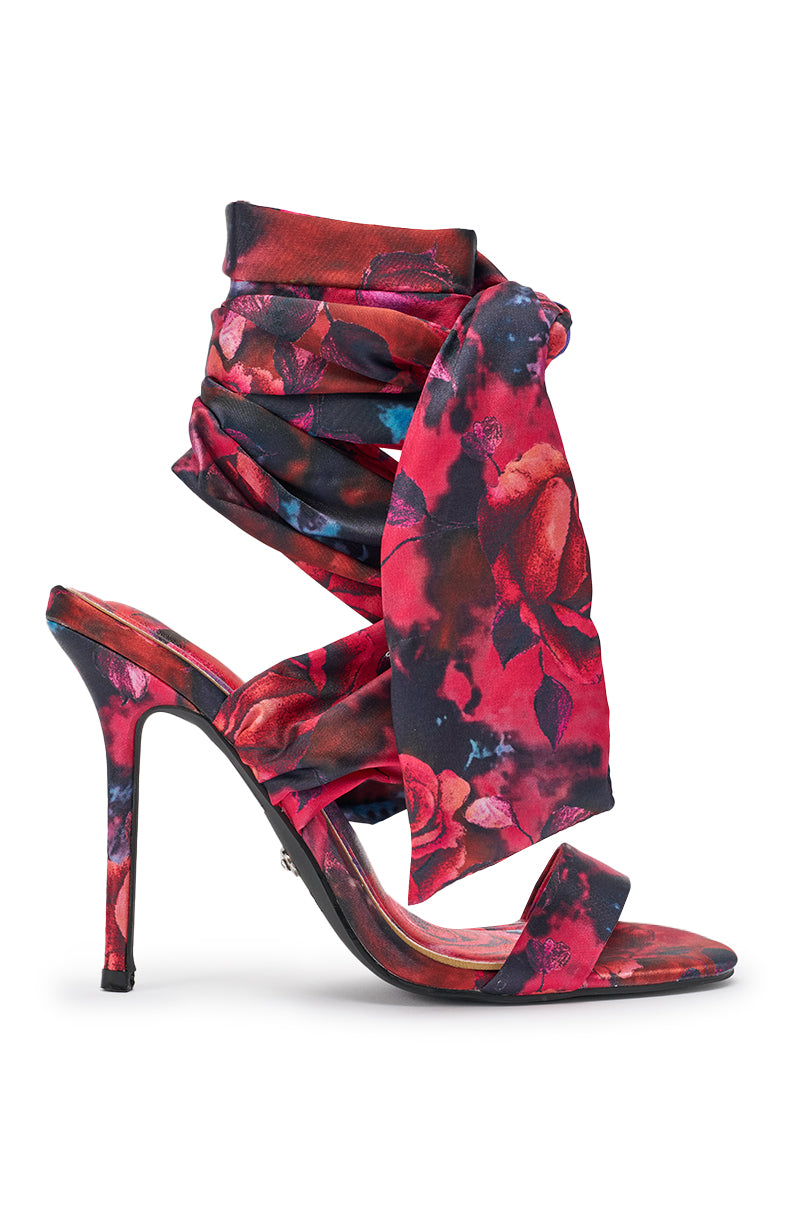 AZALEA WANG ELZON RED SATIN STILETTO FLORAL PRINT SANDAL