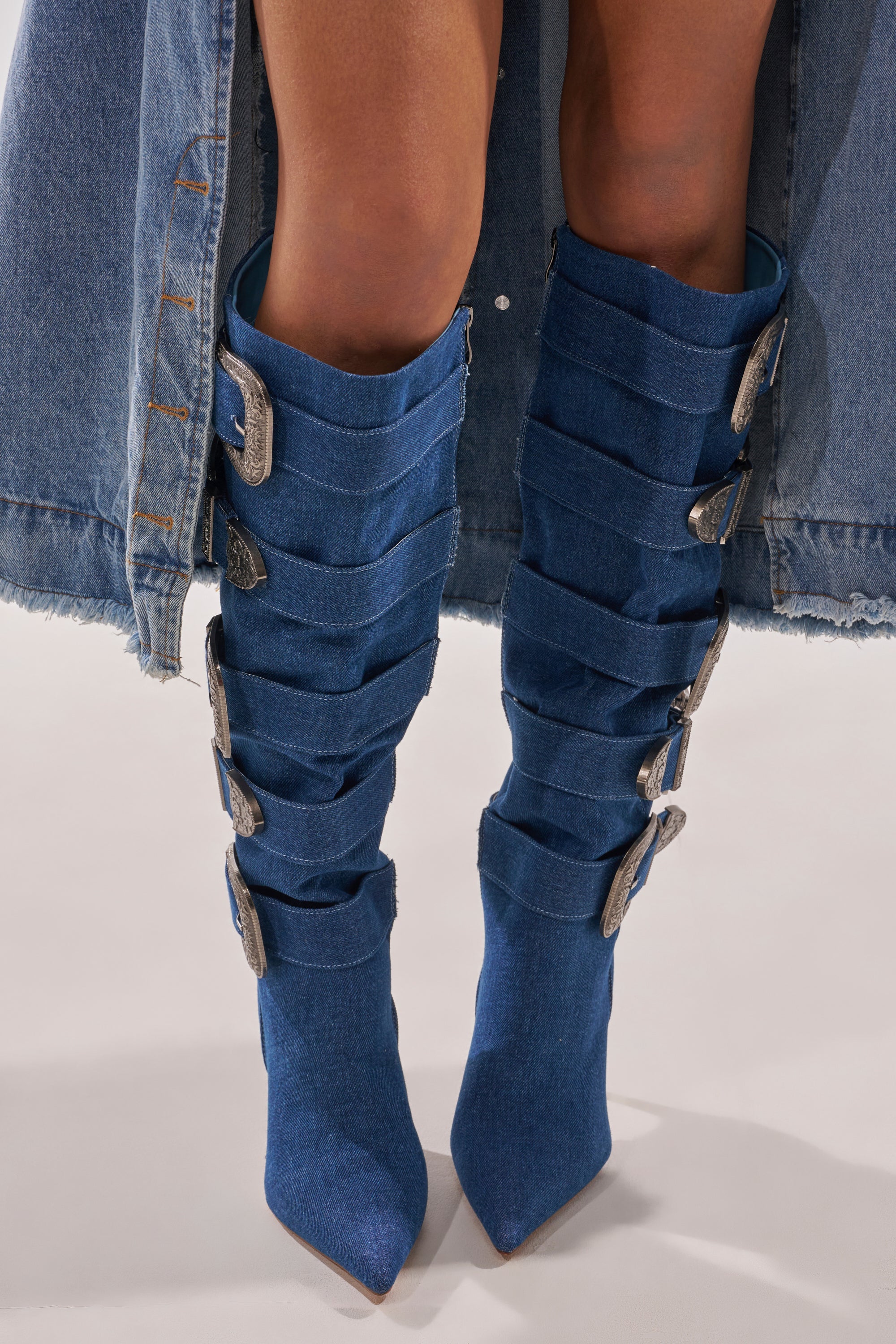 AKIRA GOLD FALLON DENIM BUCKLE EMBELLISHED STILETTO BOOT