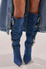 AKIRA GOLD FALLON DENIM BUCKLE EMBELLISHED STILETTO BOOT