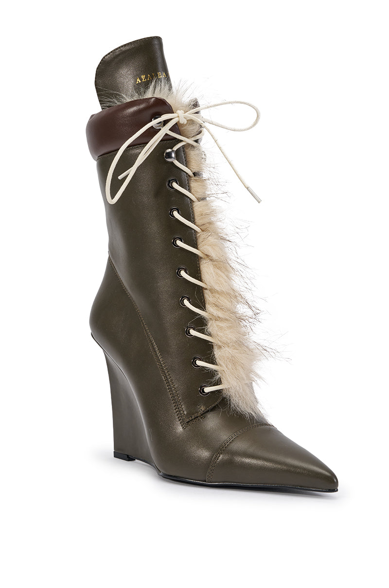 AZALEA WANG FERELITH OLIVE PU WEDGE FUR EMBELLISHED BOOTIE