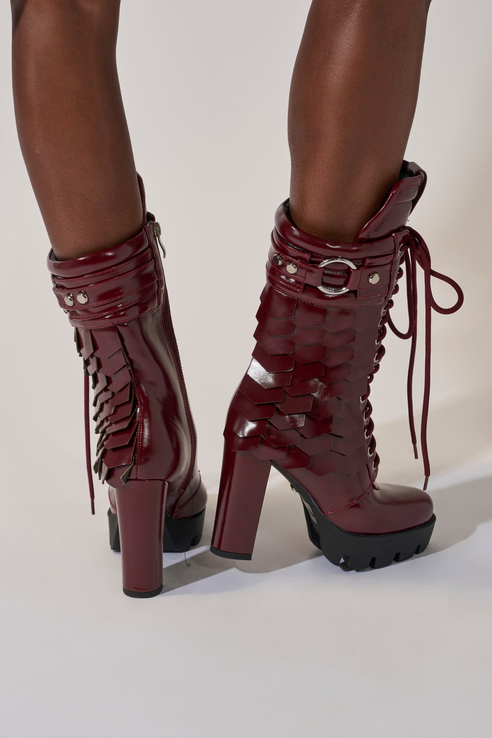 AZALEA WANG GERNOT BURGUNDY LACE UP SCALED PLATFORM BOOTIE