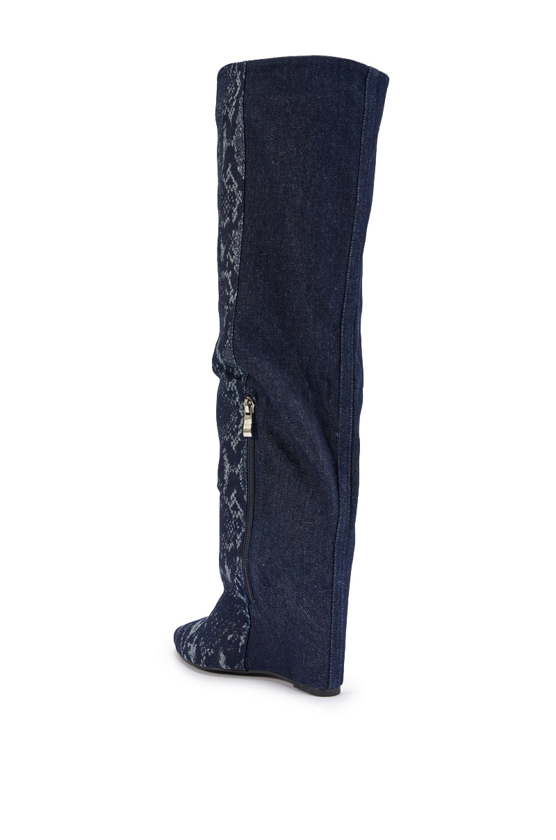 AZALEA WANG GIANNA DENIM WEDGE COLOR BLOCKED BOOT
