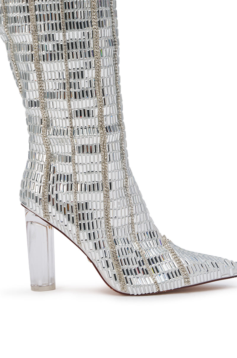 AKIRA GOLD GLOW UP SILVER CRYSTAL BLOCK BOOT