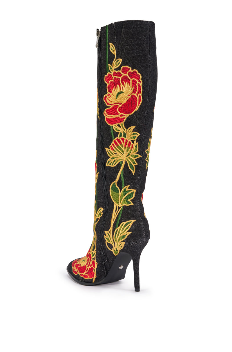 AZALEA WANG HAWN BLACK MULTI FLORAL EMBROIDERED STILETTO BOOT