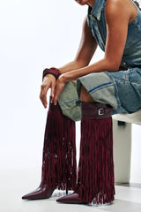 AZALEA WANG HEARTBEAT BURGUNDY FRINGE BOOT