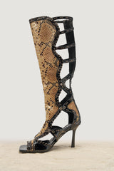 AKIRA GOLD INDRANI BLACK HIGH SHAFT GLADIATOR SANDAL